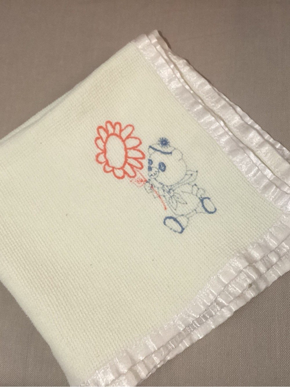 Vtg. 1950s Quiltex waffle style embroidered,soft pastel,yellow baby blanket